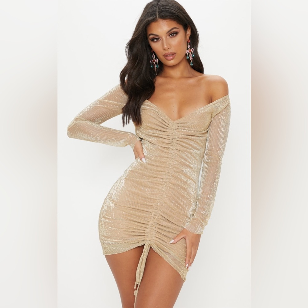 Gold Metallic Plisse Ruched Front Bardot Bodycon Dress